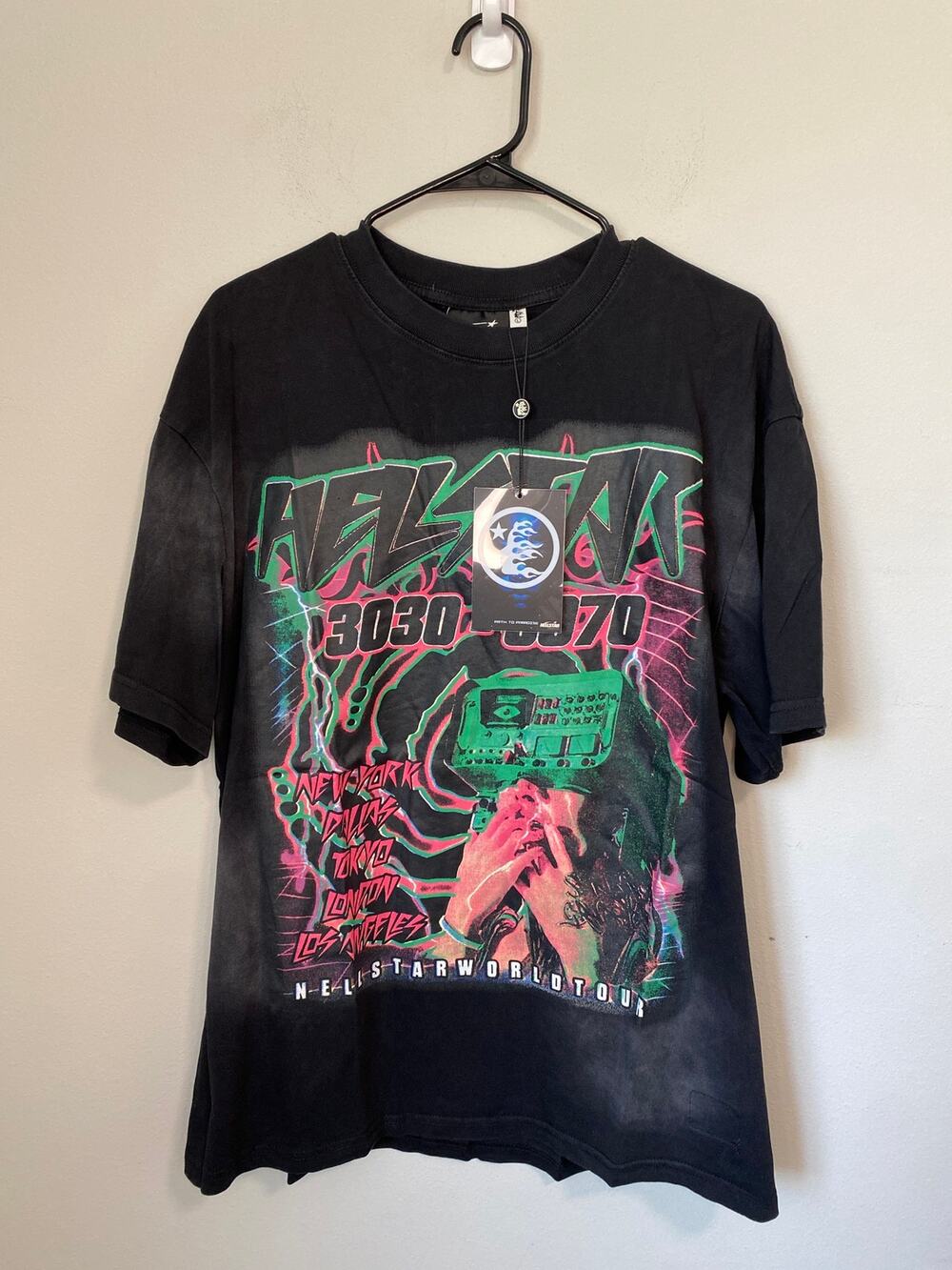 Hellstar Neon Green Pink Graphic T-Shirt Black Size Large